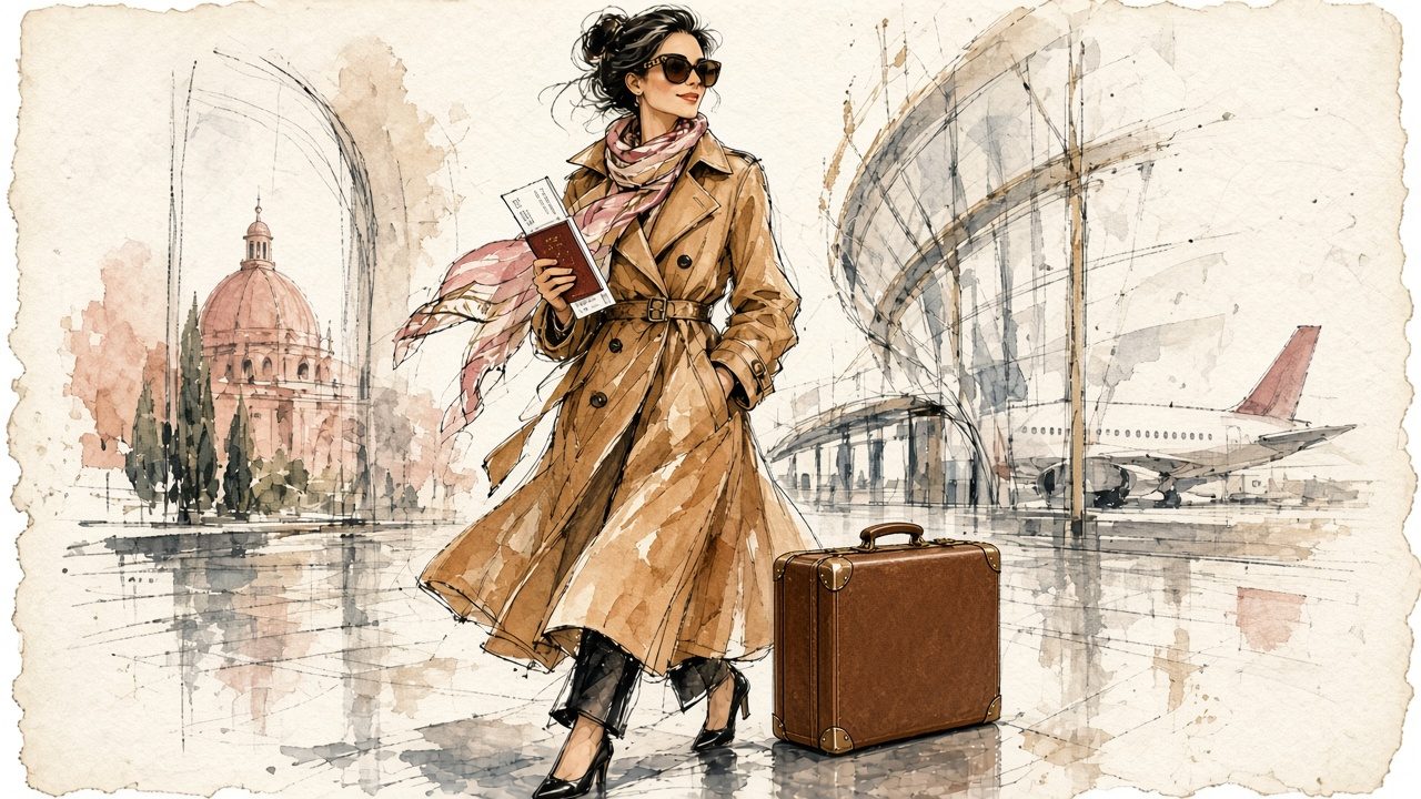 Ilustración en acuarela de una viajera con gabardina camel, pasaporte y tarjeta de embarque en mano, junto a una maleta de cuero en un aeropuerto, con una cúpula colonial y un avión al fondo