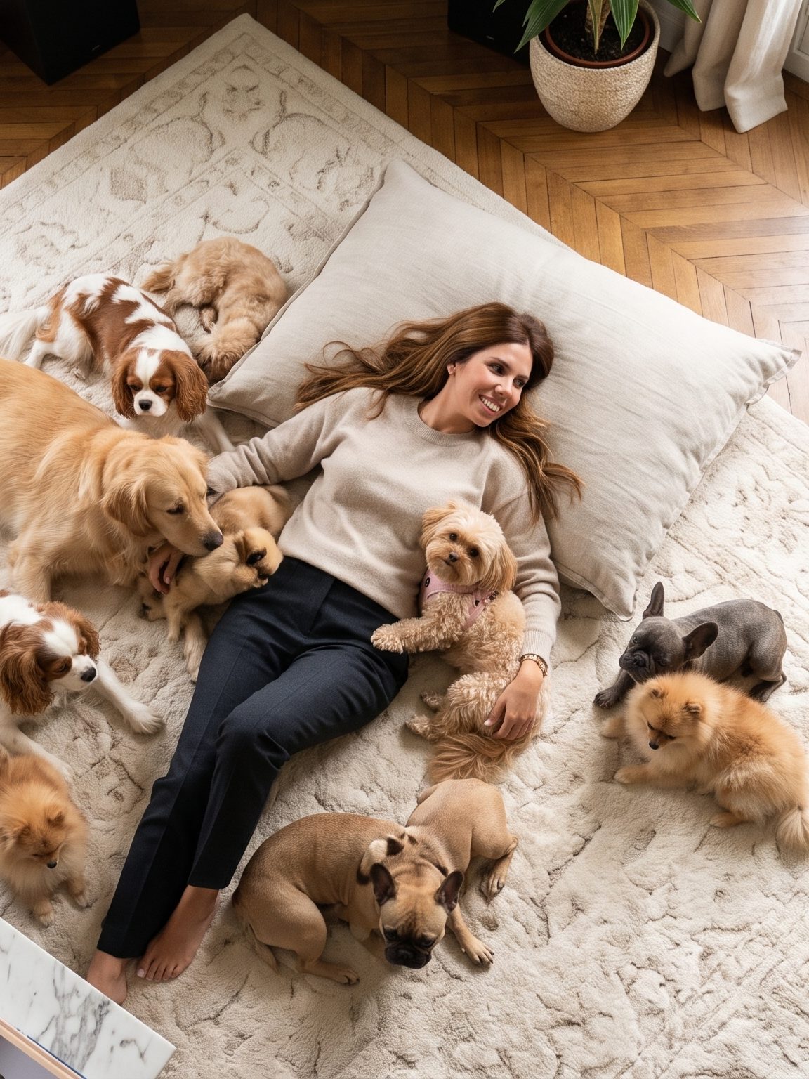 Isabella Duarte recostada en una alfombra rodeada de sus perros